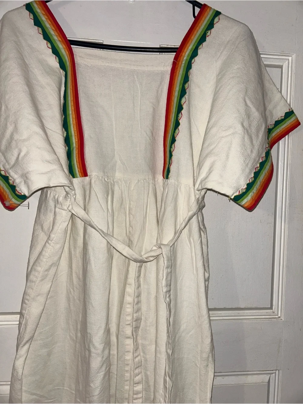 White Embroidered Mexican-Style Girls' Dress with Rainbow Trim